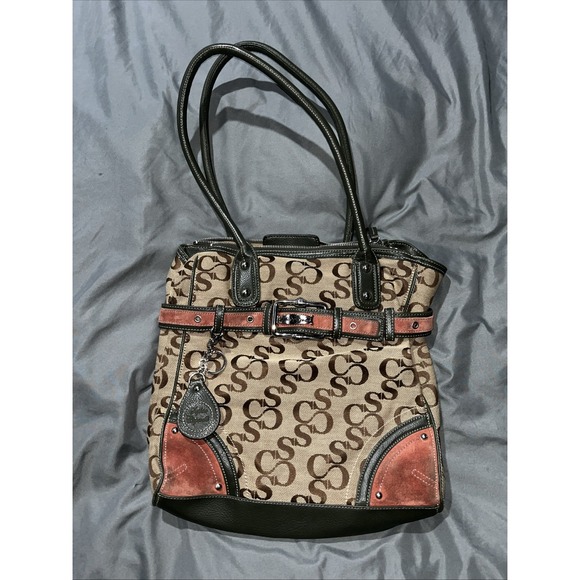 Sophia Caperelli Signature Logo Canvas 3 Section Purse Tote Shoulder Bag Suede - Picture 1 of 16